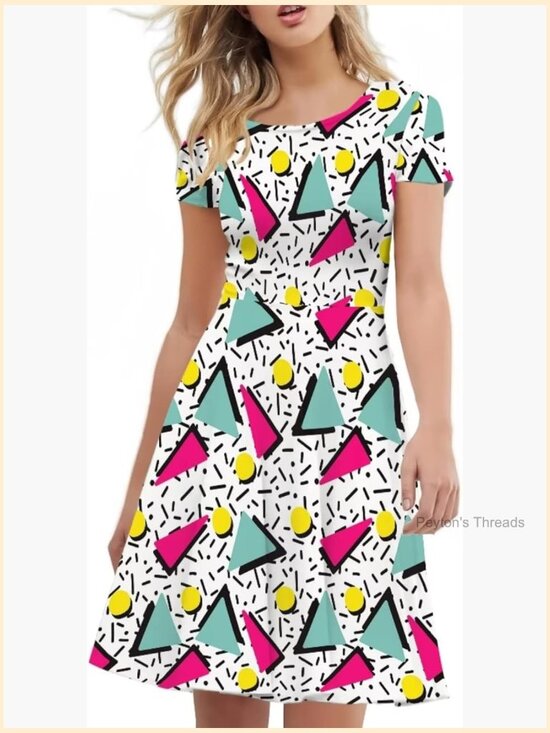 Dresses & Skirts - Tropical Print A-Line Skater Dress with Crewneck & Short Sleeves